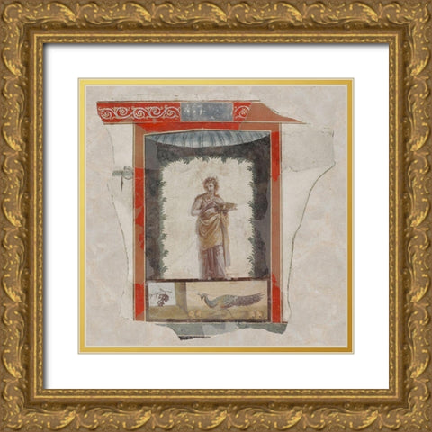 Fresco Depicting a Woman (Maenad) Holding a Dish, Peacock and Fruit Below Gold Ornate Wood Framed Art Print with Double Matting by Unknown 1st Century Roman Artisan