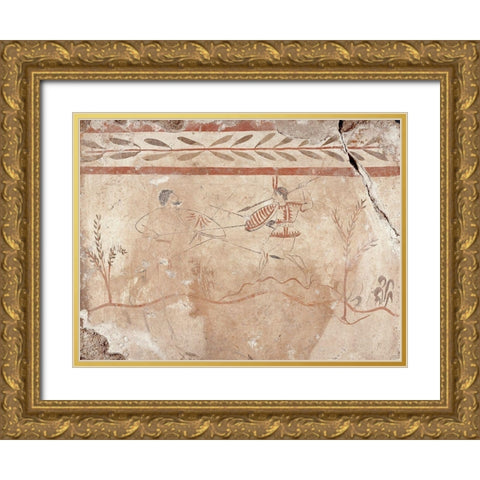 Fresco Panel with Two Warriors Gold Ornate Wood Framed Art Print with Double Matting by Unknown 4th Century BCE Greek Artisan