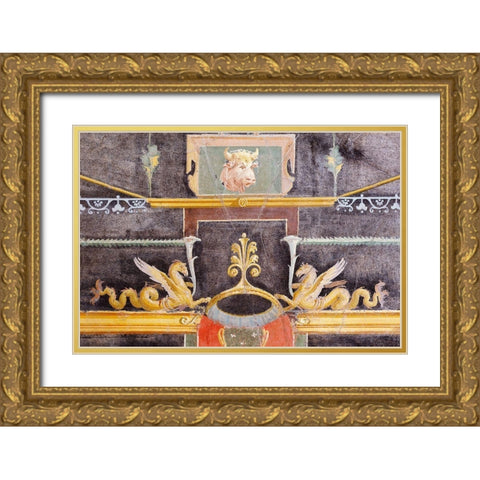 Wall Fragment with Bulls Head and Winged Sea Monsters on Black Ground Gold Ornate Wood Framed Art Print with Double Matting by Unknown 1st Century Roman Artisan