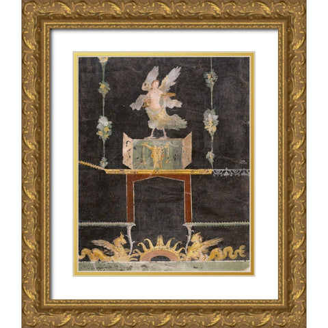 Wall fragment with Siren, Sea Monsters and Niche on Black Ground Gold Ornate Wood Framed Art Print with Double Matting by Unknown 1st Century Roman Artisan