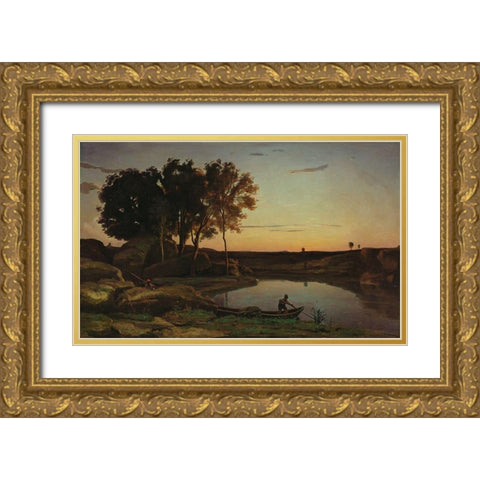 Landscape with Lake and Boatman Gold Ornate Wood Framed Art Print with Double Matting by Corot, Jean-Baptiste-Camille