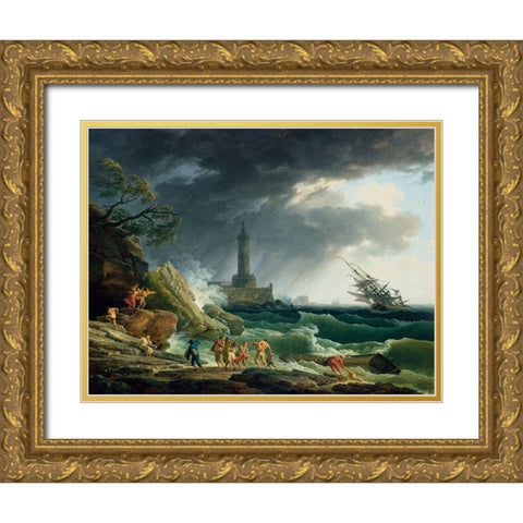 A Storm on a Mediterranean Coast Gold Ornate Wood Framed Art Print with Double Matting by Vernet, Claude-Joseph