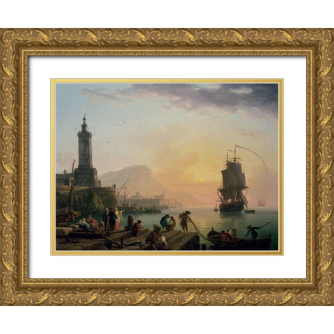 A Calm at a Mediterranean Port Gold Ornate Wood Framed Art Print with Double Matting by Vernet, Claude-Joseph