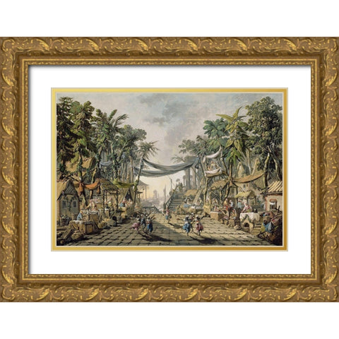 Market Scene in an Imaginary Oriental Port Gold Ornate Wood Framed Art Print with Double Matting by Pillement, Jean-Baptiste