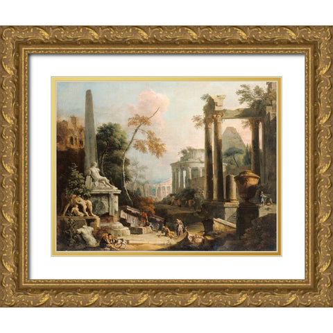 Landscape with Classical Ruins and Figures Gold Ornate Wood Framed Art Print with Double Matting by Ricci, Marco