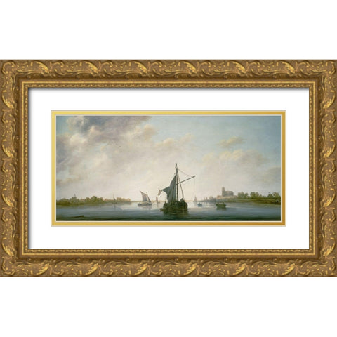 A View of the Maas at Dordrecht Gold Ornate Wood Framed Art Print with Double Matting by Aelbert, Cuyp