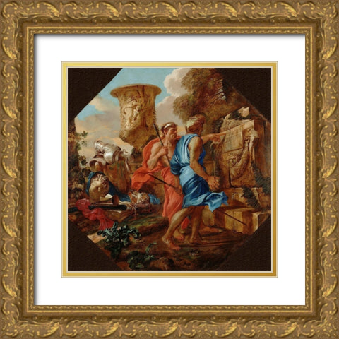 Arcadian Shepherds Gold Ornate Wood Framed Art Print with Double Matting by Castiglione, Giovanni Benedetto