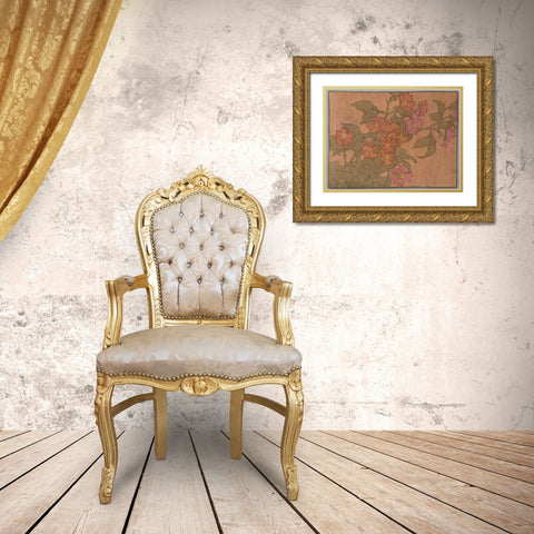 Pink Roses on Terracotta Color Ground Gold Ornate Wood Framed Art Print with Double Matting by Overbeck, Hannah Borger