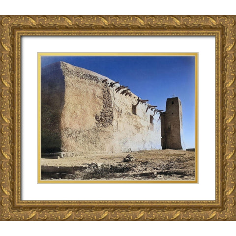 Church Side Wall and Tower-Acoma Pueblo-New Mexico Color Gold Ornate Wood Framed Art Print with Double Matting by Adams, Ansel