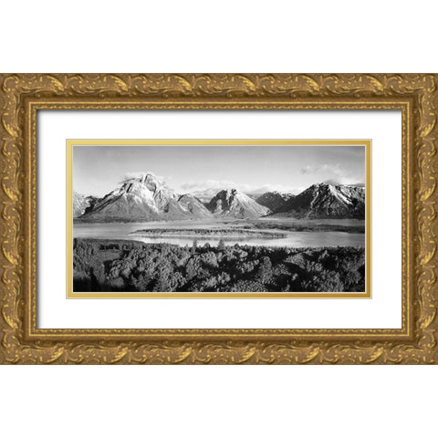 Mt. Moran and Jackson Lake from Signal Hill, Grand Teton National Park, Wyoming, 1941 Gold Ornate Wood Framed Art Print with Double Matting by Adams, Ansel