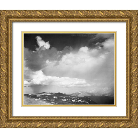 Mountain tops, low horizon, dramatic clouded sky, in Rocky Mountain National Park, Colorado,  ca. 19 Gold Ornate Wood Framed Art Print with Double Matting by Adams, Ansel