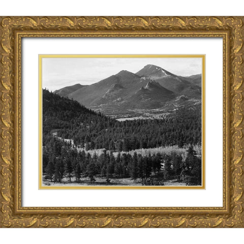 View with trees in foreground, barren mountains in background,  in Rocky Mountain National Park, Col Gold Ornate Wood Framed Art Print with Double Matting by Adams, Ansel