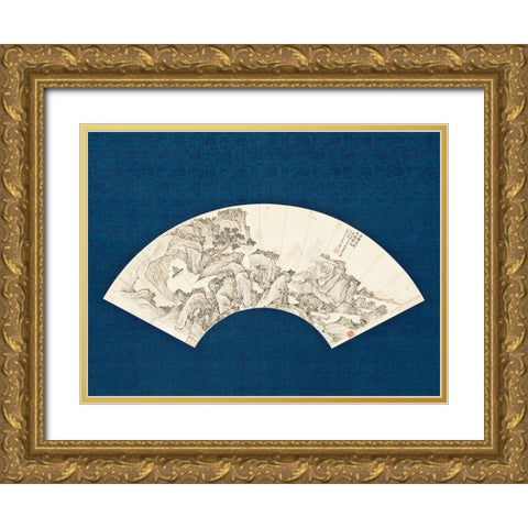 Landscape with Scholar Playing a Lute (Qin) Gold Ornate Wood Framed Art Print with Double Matting by Unknown 19th Century Chinese Painter