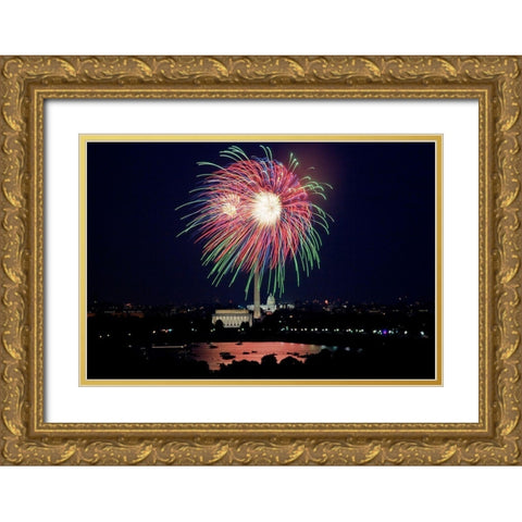 July 4th fireworks, Washington, D.C. Gold Ornate Wood Framed Art Print with Double Matting by Highmith, Carol