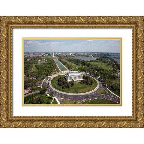 Aerial of Mall showing Lincoln Memorial, Washington Monument and the U.S. Capitol, Washington, D.C. Gold Ornate Wood Framed Art Print with Double Matting by Highmith, Carol