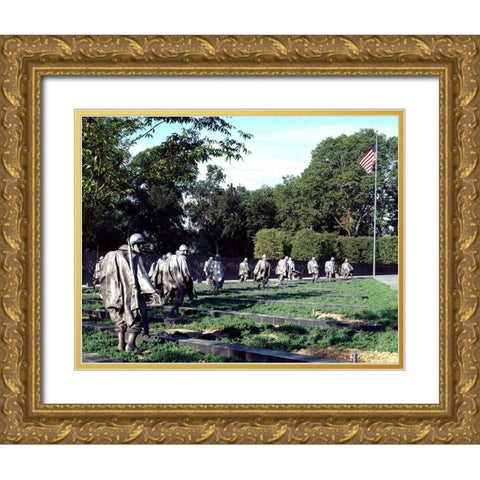 Stainless-steel troopers on patrol at the Korean War Veterans Memorial, Washington, D.C. Gold Ornate Wood Framed Art Print with Double Matting by Highmith, Carol