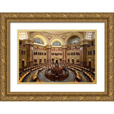 Main Reading Room. View from above showing researcher desks. Library of Congress Thomas Jefferson Bu Gold Ornate Wood Framed Art Print with Double Matting by Highmith, Carol