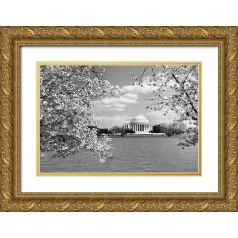 Jefferson Memorial with cherry blossoms, Washington, D.C. - Black and White Variant Gold Ornate Wood Framed Art Print with Double Matting by Highmith, Carol