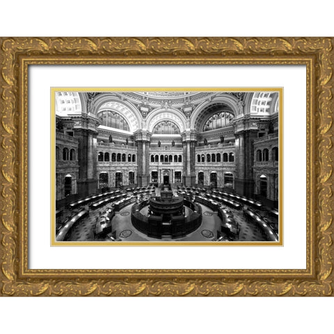Main Reading Room. View from above showing researcher desks. Library of Congress Thomas Jefferson Bu Gold Ornate Wood Framed Art Print with Double Matting by Highmith, Carol