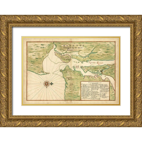 Map of New York City Region - Manatvs gelegen op de Noot Riuier, 1639 Gold Ornate Wood Framed Art Print with Double Matting by Vinckeboons, Joan