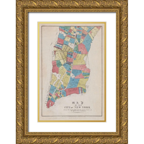 Map of the City of New York showing original high water line and the location of different Farms and Gold Ornate Wood Framed Art Print with Double Matting by New York Common Council