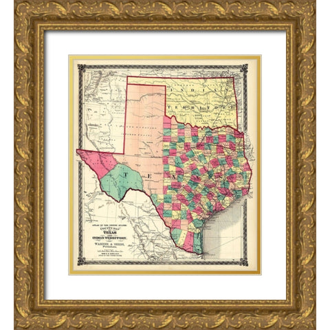 County Map of Texas, and Indian Territory, 1874 Gold Ornate Wood Framed Art Print with Double Matting by H.H. Lloyd & Co.