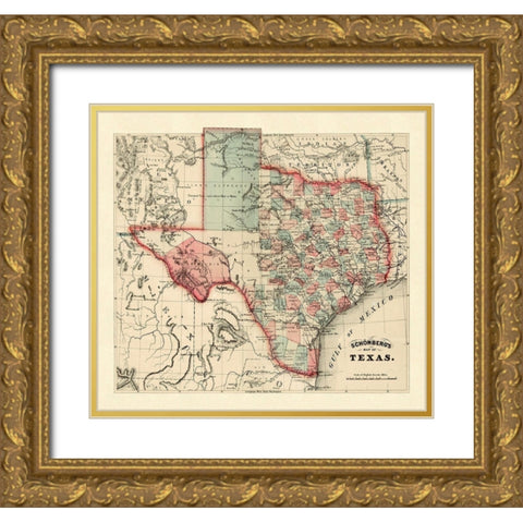 Schonbergs map of Texas, 1866 Gold Ornate Wood Framed Art Print with Double Matting by Schonberg & Co.