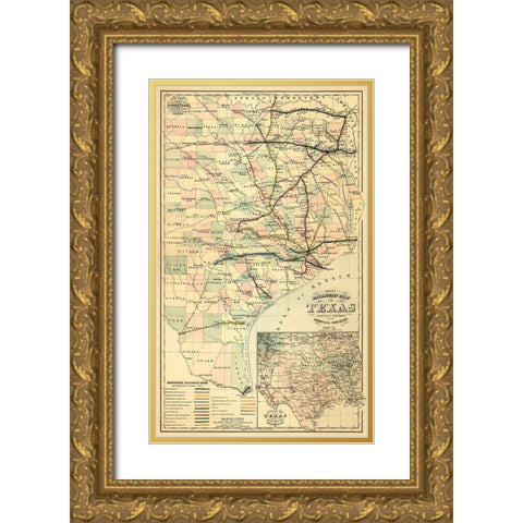 Grays railroad map of Texas. Gold Ornate Wood Framed Art Print with Double Matting by O.W. Gray & Son.