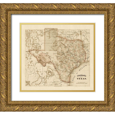 Schonbergs map of Texas, 1866 Gold Ornate Wood Framed Art Print with Double Matting by Schonberg & Co.