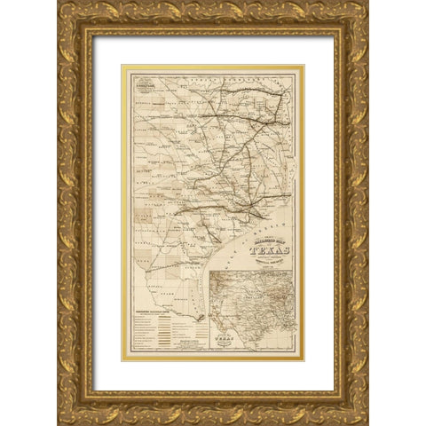 Grays railroad map of Texas - Decorative Sepia Gold Ornate Wood Framed Art Print with Double Matting by O.W. Gray & Son.