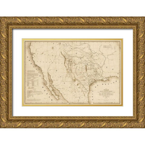 Map of Texas and the countries adjacent, 1844  - Decorative Sepia Gold Ornate Wood Framed Art Print with Double Matting by Emory, William H.