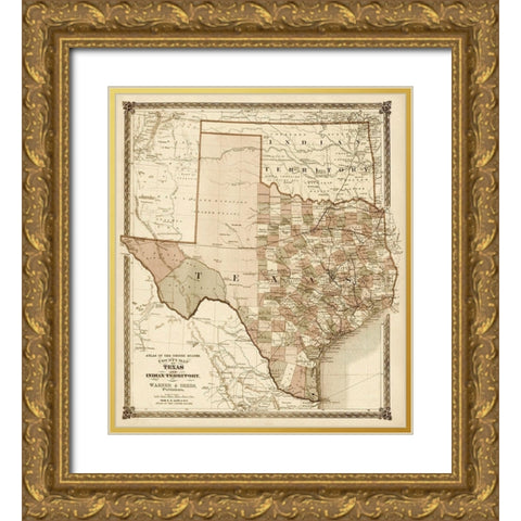 County Map of Texas, and Indian Territory, 1874 - Decorative Sepia Gold Ornate Wood Framed Art Print with Double Matting by H.H. Lloyd & Co.