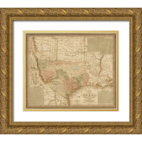 New map of Texas : with the contiguous American and Mexican states, 1835 - Decorative Sepia Gold Ornate Wood Framed Art Print with Double Matting by Mitchell, S. Augustus