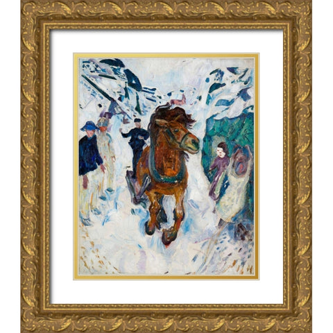 Galloping Horse, 1910-1912 Gold Ornate Wood Framed Art Print with Double Matting by Munch, Edvard