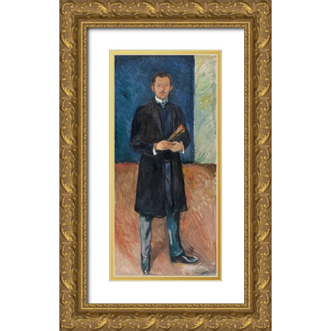 Self-Portrait with Brushes, 1904 Gold Ornate Wood Framed Art Print with Double Matting by Munch, Edvard