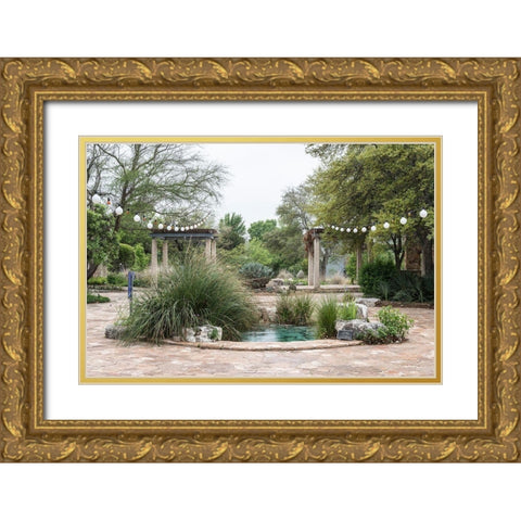 Water feature in a courtyard at the Lady Bird Johnson Wildflower Center, near Austin, TX Gold Ornate Wood Framed Art Print with Double Matting by Highmith, Carol