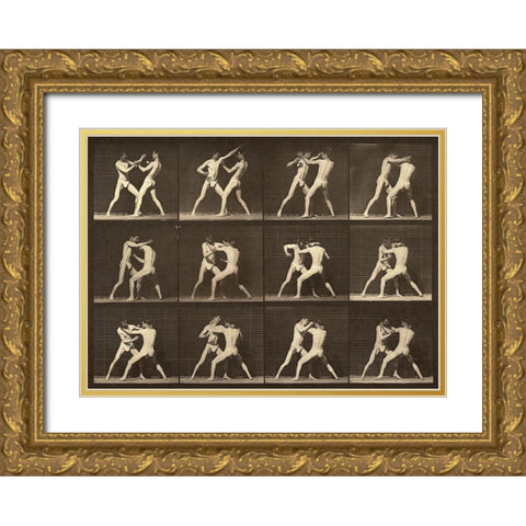 Motion Study: Men Fighting Gold Ornate Wood Framed Art Print with Double Matting by Muybridge, Eadweard J.