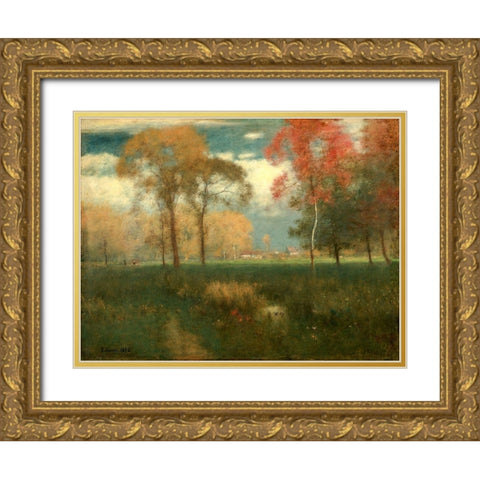 Sunny Autumn Day Gold Ornate Wood Framed Art Print with Double Matting by Inness, George