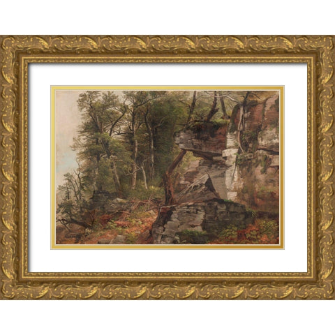 Trees on a Rocky Hillside Gold Ornate Wood Framed Art Print with Double Matting by Durand, Asher Brown