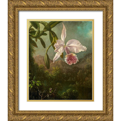 Orchid Blossoms Gold Ornate Wood Framed Art Print with Double Matting by Heade, Martin Johnson