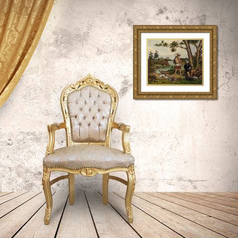 Hunter and Indian Guide Gold Ornate Wood Framed Art Print with Double Matting by Woodhouse, C L