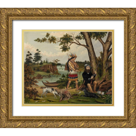 Hunter and Indian Guide Gold Ornate Wood Framed Art Print with Double Matting by Woodhouse, C L