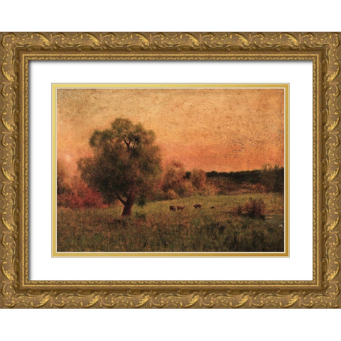Cows in a Field Gold Ornate Wood Framed Art Print with Double Matting by Inness, George in the style of