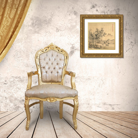 A Solitary Crane in the Bamboo Grove Gold Ornate Wood Framed Art Print with Double Matting by Hong, Tao