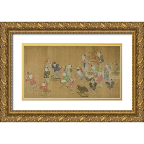 Children at Play Gold Ornate Wood Framed Art Print with Double Matting by Kui, Xia