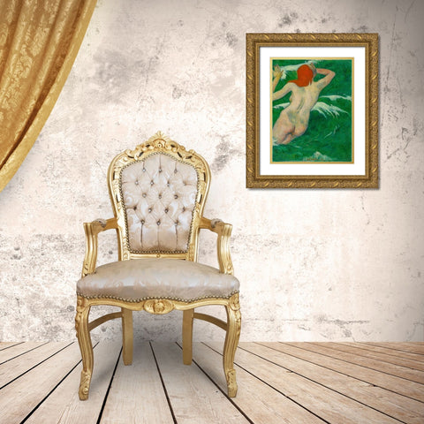 In the Waves Dans les Vagues Gold Ornate Wood Framed Art Print with Double Matting by Gauguin, Paul