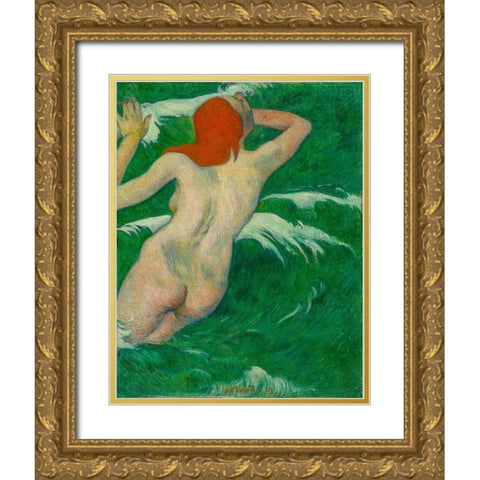 In the Waves Dans les Vagues Gold Ornate Wood Framed Art Print with Double Matting by Gauguin, Paul