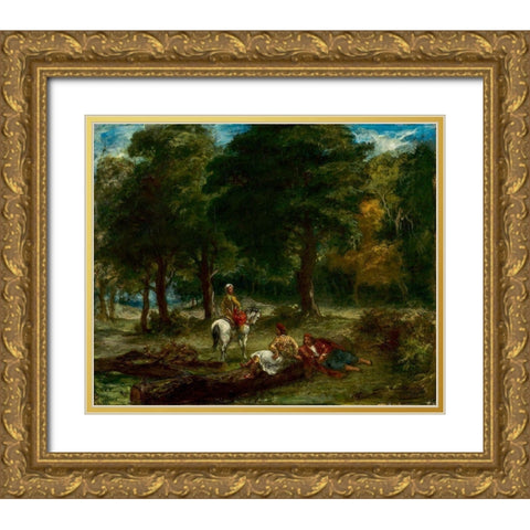 Greek Cavalry Men Resting in Forest Gold Ornate Wood Framed Art Print with Double Matting by Delacroix, Eugene