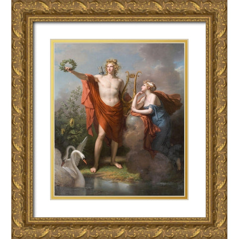 Apollo, God of Light, Eloquence, Poetry and the Fine Arts with Urania, Muse of Astronomy Gold Ornate Wood Framed Art Print with Double Matting by Meynier, Charles