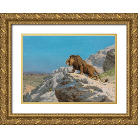 Lion on the Watch Gold Ornate Wood Framed Art Print with Double Matting by Gerome, Jean-Leon